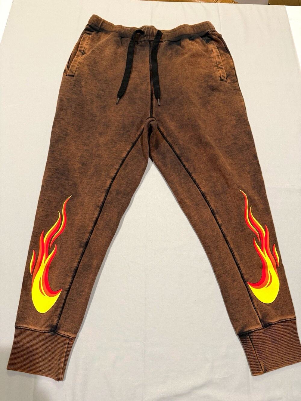 Nike Men’s Brown Fleece Jogger Pants Flame Theme Drawstring Pockets Size S